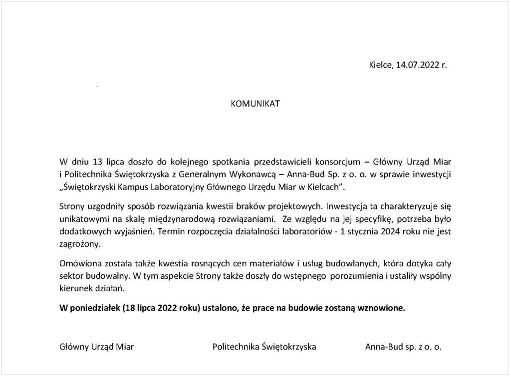 Komunikat przedstawiający stanowisko w sprawie dalszej budowy Kampusu GUM
