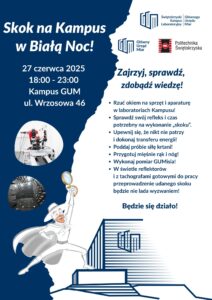 Plakat zapowiadający wydarzenie Skok na Kampus w Białą Noc! data wydarzenia 27 czerwca 2025 roku Kampus GUM, ul. Wrzosowa 46, Kielce, godziny: 18:00-23:00